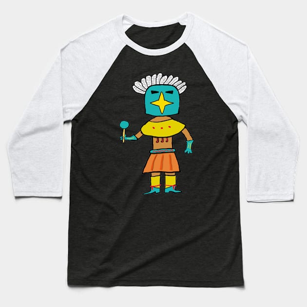 Hopi Doll Blue Star Kachina Baseball T-Shirt by Mark Ewbie